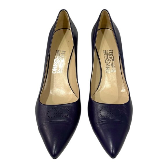 Salvatore Ferragamo Navy Leather Pumps Size 10 B Made in Italy Pointed Toe Logo - Picture 13 of 13
